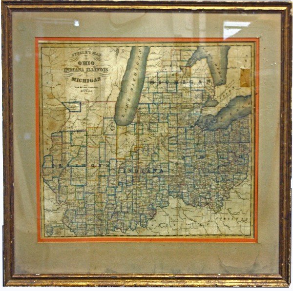 1835 STEELES MAP OHIO INDIANA ILLINOIS & MICHIGAN: Framed 1835 Steele's map of Ohio, Indiana, Illinois, and Michigan on paper. Frame measures 21 by 22.5 by 1 inches, map measures 17 by 16 inches. Discoloration to paper, some minor foxing, overall in v