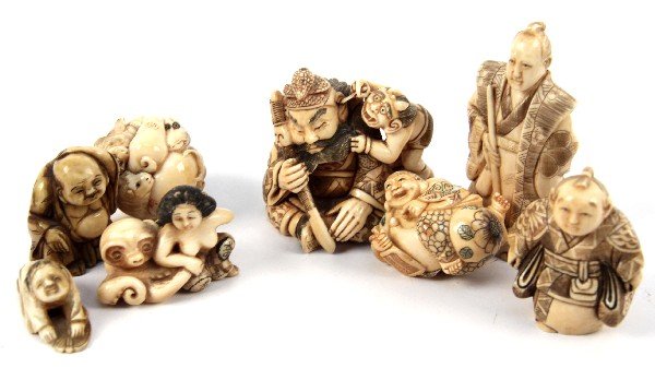 COLLECTION OF 8 ANTIQUE JAPANESE IVORY NETSUKE: Eight antique Japanese Ivory netsuke and more. Multiple subject matters including zoomorphic. Measuring 3 to 1.5 inches in size. Most signed.