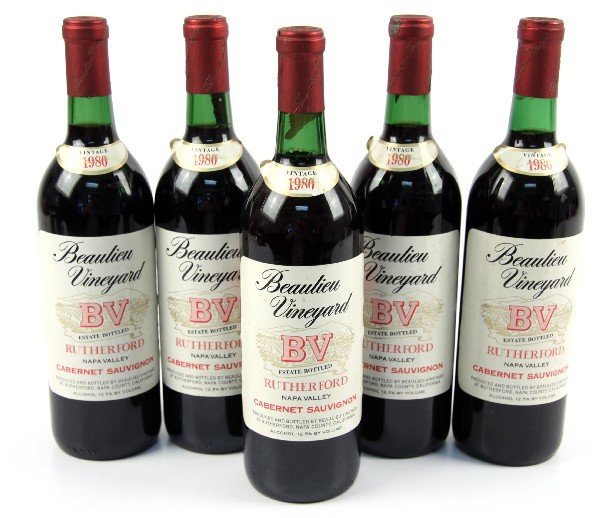 5 BTLS 1980 BEAULIEU VINEYARD CABERNET SAUVIGNON: 1980 Estate bottled "Rutherford" from BV. Five bottles full to neck. Clean bottles and labels. Properly stored. Foils intact. 750ml each.