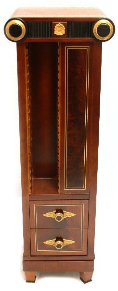 EMPIRE STYLE GREEK KEY DESIGN CD TOWER TURNTABLE: 80 CD/DVD capacity swivel base tower in Mahogany. 50inches tall overall. Two drawers at bottom. Matches lot 8439 men's desk. Very good condition.