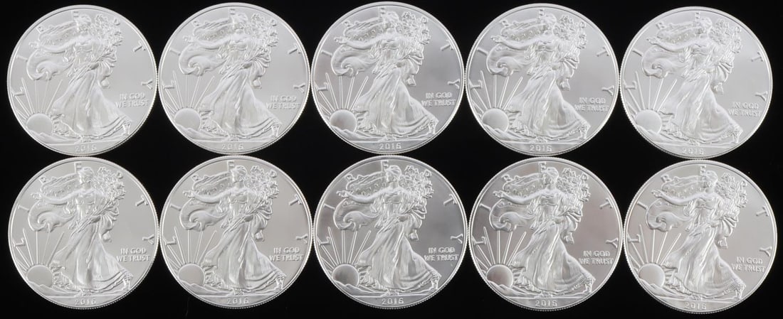 10 AMERICAN EAGLE 1 OZ SILVER DOLLAR COINS: 10 troy ounces of silver 1oz US silver dollar American Eagle coins.