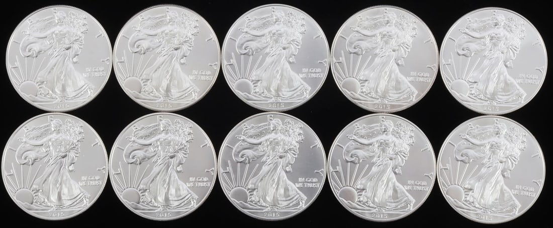 10 AMERICAN EAGLE 1 OZ SILVER DOLLAR COINS: 10 troy ounces of silver 1oz US silver dollar American Eagle coins.