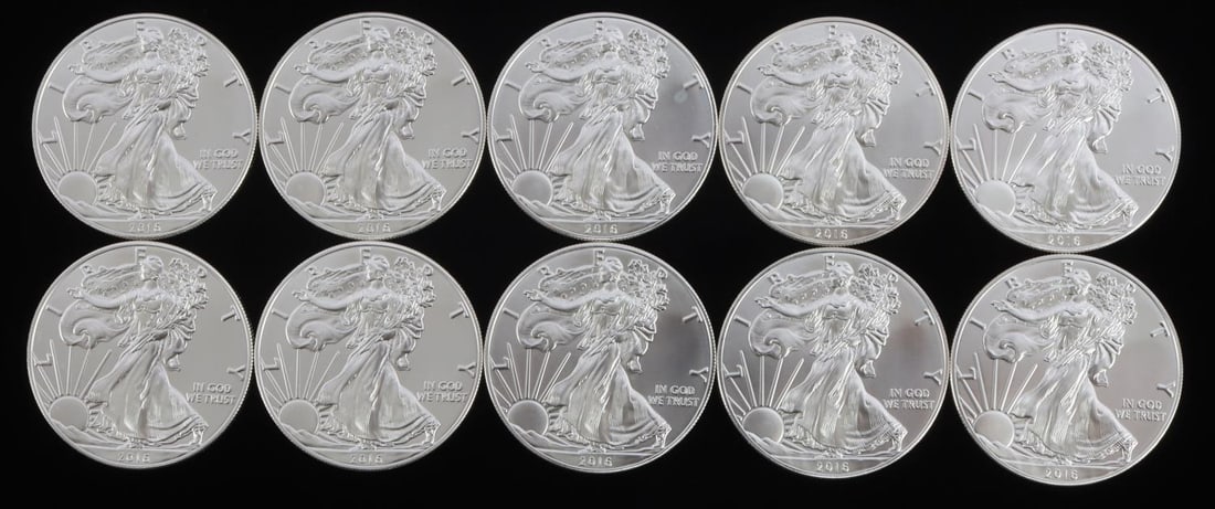 10 AMERICAN EAGLE 1 OZ SILVER DOLLAR COINS: 10 troy ounces of silver 1oz US silver dollar American Eagle coins.