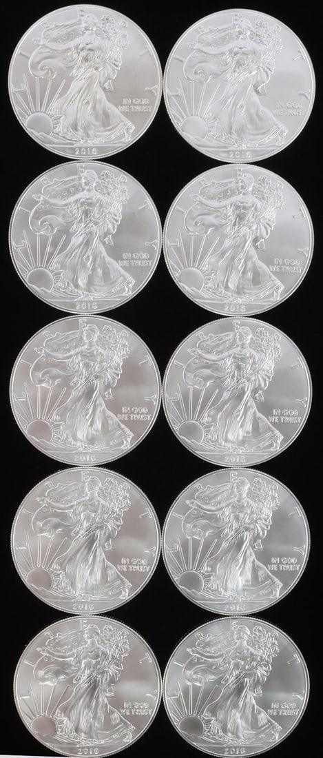 LOT 10 AMERICAN EAGLE 1 OZ SILVER DOLLAR COINS: 10 troy ounces of silver 1oz US silver dollar American Eagle coins.
