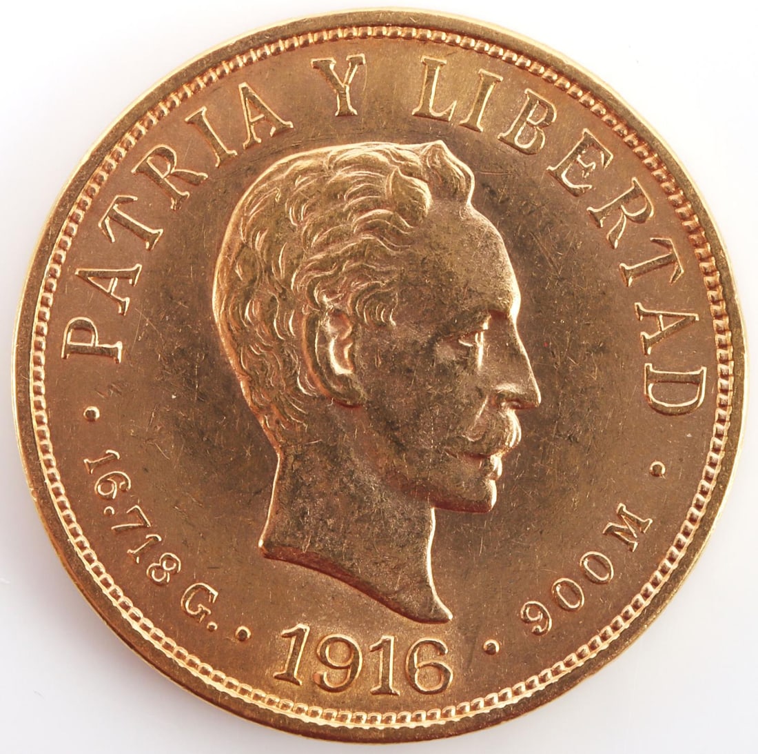 1916 CUBA DIEZ PESOD GOLD UNCIRCULATED COIN 1/2 OZ: Uncirculated with contact marks. Weighs 16.7 grams and has a 90% purity.
