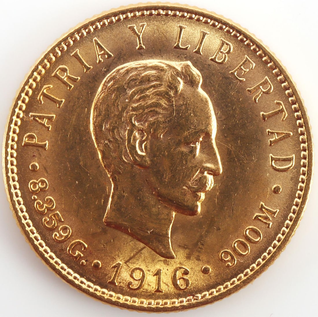 1916 GOLD CUBA CINCO PESOS 1/4 OZ FINE COIN: Weight 8.35 grams 1/4 oz fine, XF example. This lot has a reserve.