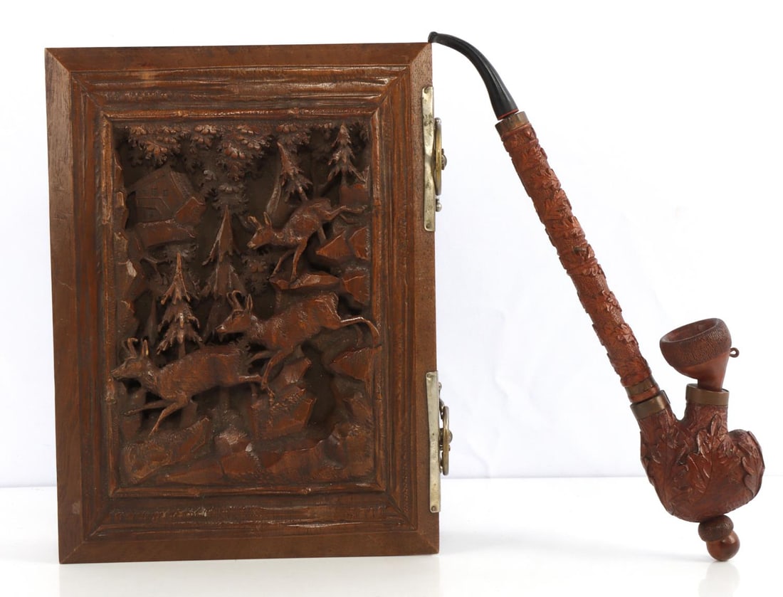 BLACK FOREST GOAT BOX & HAND CARVED PIPE: Beautiful box with intricately carved Mountain goat scene, with unique locking system, measures 12 x 8.5 x 3 inches deep, wall paper lined, very good original condition, also Oak leaf and acorn image 