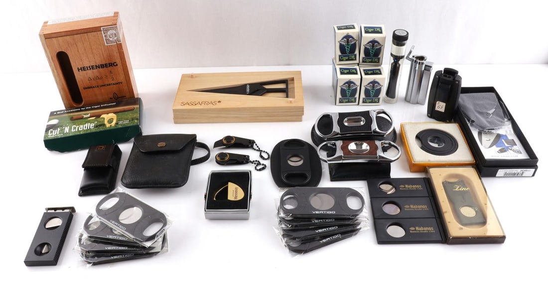 CIGAR STORE STOCK LINO BRIZARD XIKAR SASSAFRAS: Retail new stock from Vendetta Cigar Shop and Lounge, formerly in the Lobby of the Fairmont Hotel, San Francisco. includes Sassafras Cigar Scissors, Fino Cutter and cases, Xikar case and torch, Heisen