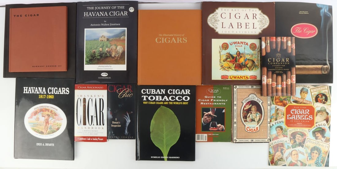 CIGAR SHOP REFERENCE BOOK LOT OF 13 SOME SCARCE: Partial listing include Cigar Companion, Cigar Chic, The Connoisseur's Book of the Cigar, Davidoff, Havana Cigars, Infante, The Cigar Morane, Cuban Cigar Tobacco, Illustrated History of Cigars, The Ar