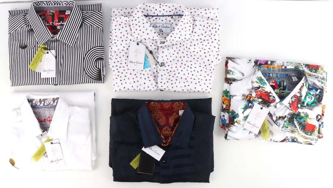 5 ROBERT GRAHAM RETAIL SHIRTS NEW WITH TAGS: All NWT retail stock from Vendetta Cigar Shop and Lounge Formerly located in the lobby of the Fairmont Hotel in San Francisco. Lot includes "Dean Martini" medium shirt tagged $228 retail, "Legends" la