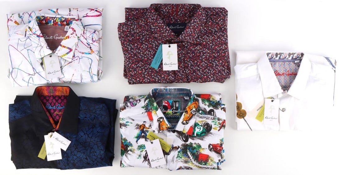 5 ROBERT GRAHAM RETAIL XL SHIRTS NEW WITH TAGS: All NWT retail stock from Vendetta Cigar Shop and Lounge Formerly located in the lobby of the Fairmont Hotel in San Francisco. Lot includes "Legends" XL shirt tagged $248, "Seibelesk" XL shirt tagged
