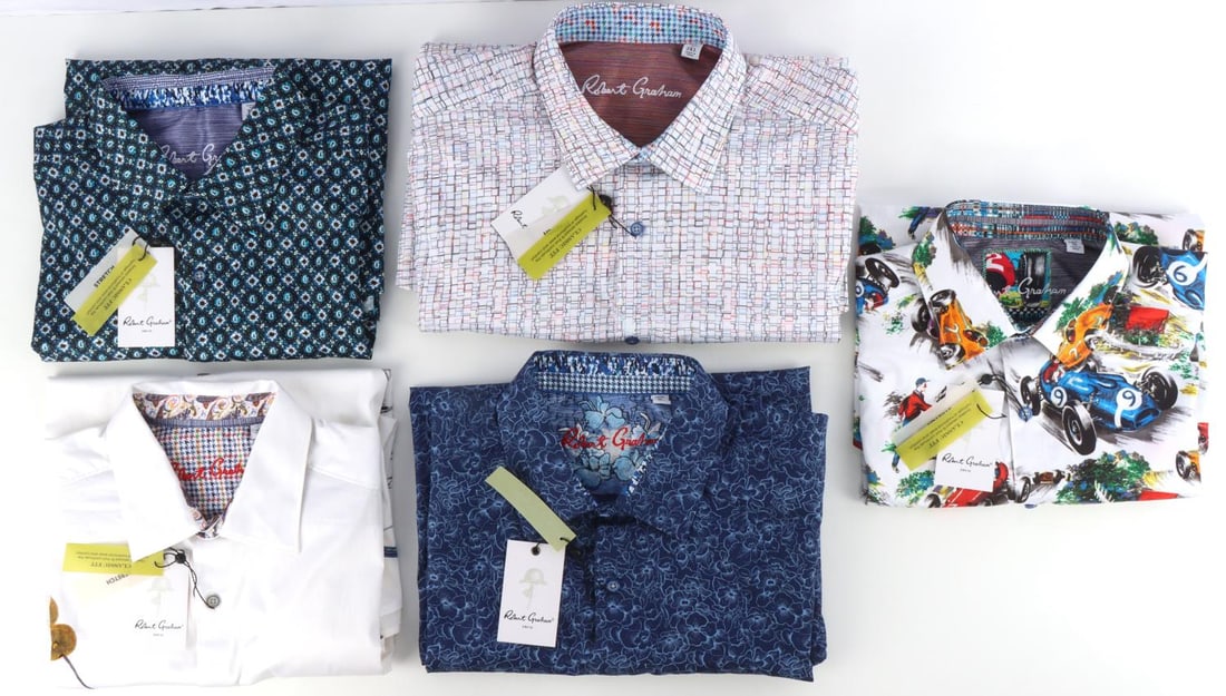 5 ROBERT GRAHAM RETAIL SHIRTS NEW WITH TAGS: All NWT retail stock from Vendetta Cigar Shop and Lounge Formerly located in the lobby of the Fairmont Hotel in San Francisco. Lot includes "The Bruni" 2XL color multi shirt tagged $198, "Dean Martini