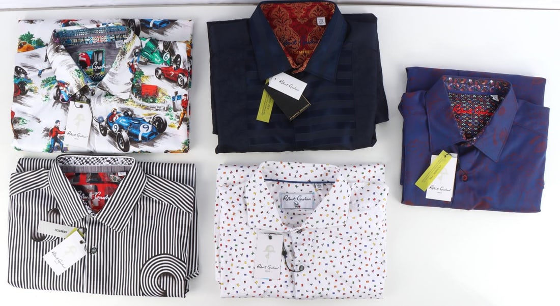 LOT 5 ROBERT GRAHAM RETAIL SHIRTS NEW WITH TAGS: All NWT retail stock from Vendetta Cigar Shop and Lounge Formerly located in the lobby of the Fairmont Hotel in San Francisco. Lot includes: "Frenchie" color royal size extra large tagged $248, "Wave
