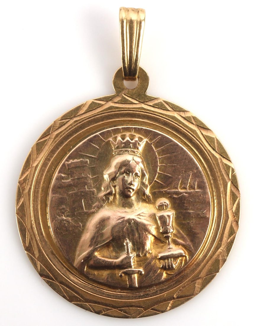 18K YELLOW GOLD SAINT BARBARA PENDANT: Stamped "18K Spain" on reverse. Saint Barbara is the patron saint of military, miners, armourers and engineers. Pendant measures 1 inch from top to bottom. Total weight 3.7 grams. This lot has a reser