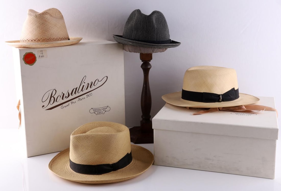 BORSALINO HAT LOT OF 4 NEW WITH TAGS & BOXED: Former inventory of the Vendetta Cigar Shop and Lounge, located in the Lobby of the Fairmont Hotel , 4 hats the boxed hat are Euro 58 and 59 retail priced $395 each, 2 other, size 55 each, tagged $145