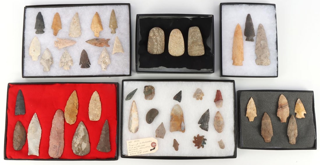 42 ARROWHEAD & 3 CELTS ARTIFACT COLLECTION: Missouri collection but collected from multiple locations. Paleo to Celts, measuring 1 - 5 1/2 inches, in Riker mounts. Includes 1 eccentric, deemed authentic found arrowheads.