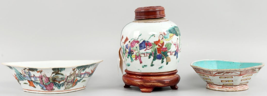 3 CHING DYNASTY CHINESE PORCELAIN JAR & BOWLS: 3 Antique Chinese porcelain examples from the Ching Dynasty. All hand painted and over 100 years old. Koi fish bowl has a chip to the underside of one corner, and the rice bowl has a 4mm chip to the r