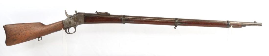 US REMINGTON NEW YORK .50-70 ROLLING BLOCK RIFLE: A US Remington, New York, .50-70 caliber, single shot rolling block rifle. Remington patent and address on the receiver tang, start of barrel marked "B". Breechblock and trigger function properly. Sto