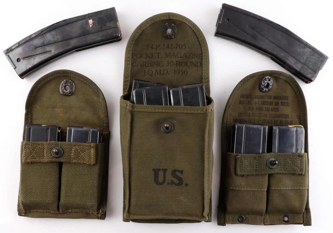 9 M1 CARBINE MAGAZINE LOT ALL FULL WITH AMMO: 9 Full magazine for M1 Carbine, 30 and 15 capacity, each filled with new .30 carbine ammunition, also magazine pouches. Know your state law regarding high caoacity prior to bidding.
