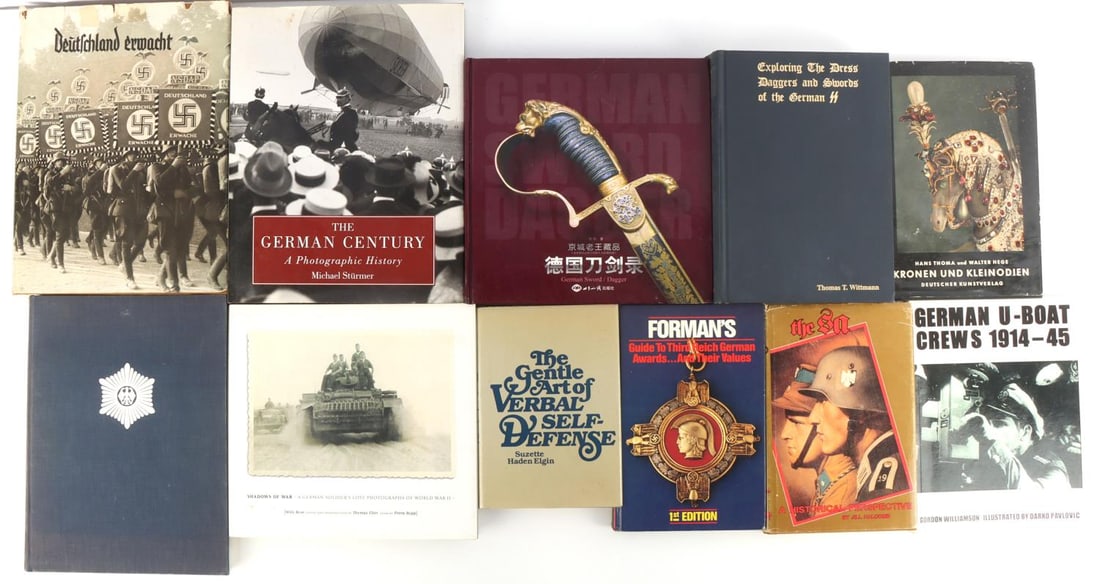 8 GERMAN WWII REFERENCE BOOK LOT DAGGER SWORD: As follows, Forman's 1st edition, german awards, The SA, Shadows of war, German Police in German, Wittman SS Dress Daggers and Swords, The German Century, Signed by Japanese Author, German Sword/Dagge