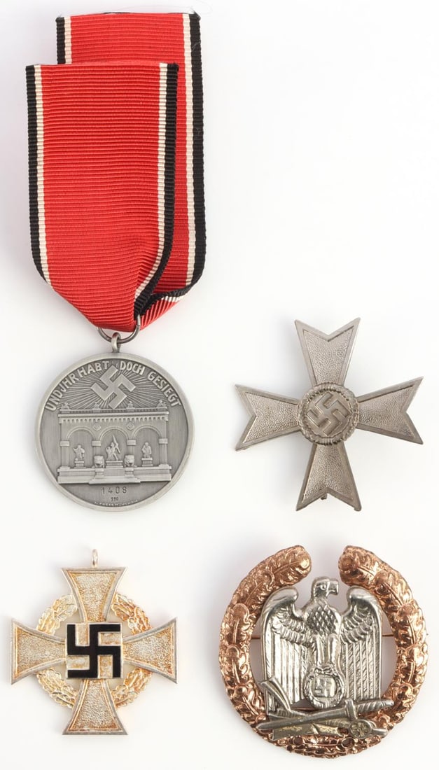 4 WWII GERMAN REICH BLOOD ORDER & NSDAP BADGE LOT: Lot of FOUR (4) WWII German Reich badges and medals includes one (1) 1st Class War Merit Cross, one (1) Gau Wartheland political badge, one (1) NSDAP 25 Year Service medal, and one (1) 1923-1933 Blood