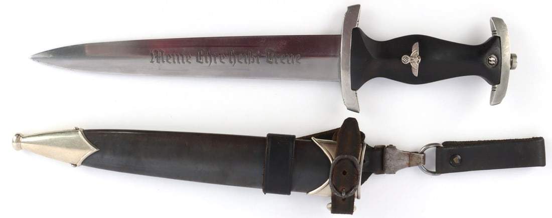 WWII GERMAN THIRD REICH SS HONOR DAGGER: Steel blade with typical etched motto. Herder maker's mark. Nickel crossguards with town marks and ebony grip. Housed in anodized scabbard. Comes with Assmann DRGM RZM M5/8 frog. Measures 14 3/4 inche
