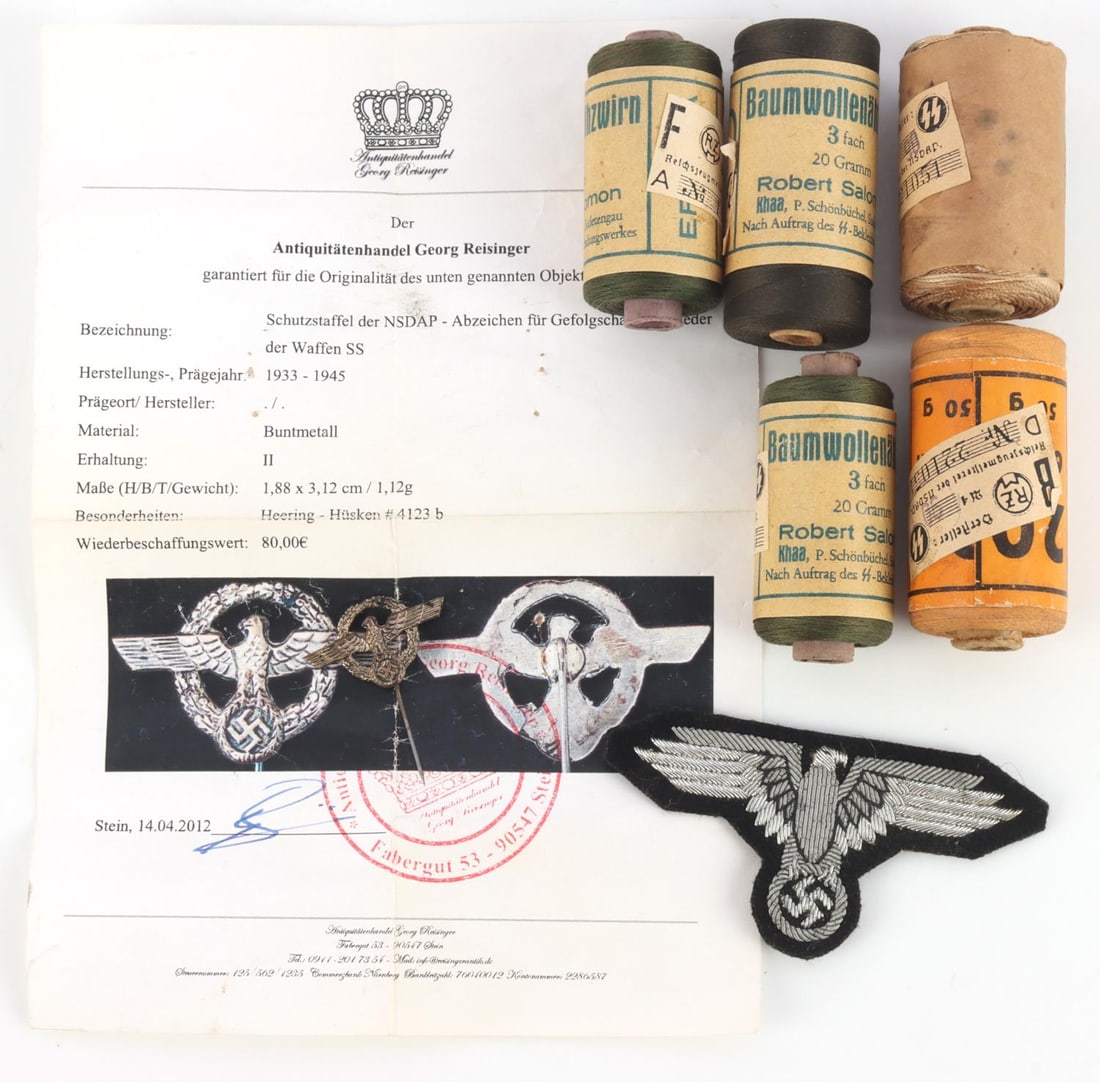 WWII GERMAN SS THREAD EAGLE PATCH AND POLICE PIN: Lot contains 4 thread reels and a police pin with COA. Very good condition.