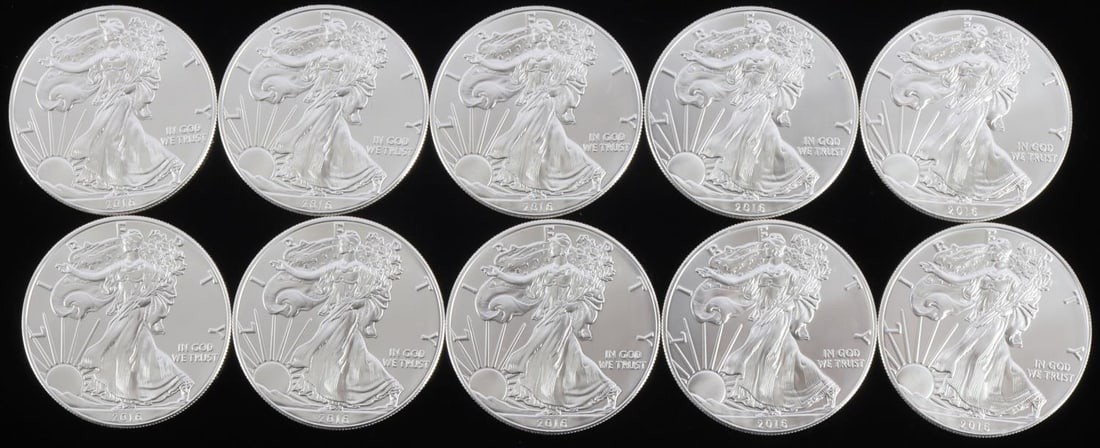 10 AMERICAN EAGLE 1 OZ SILVER DOLLAR COINS: 10 Troy ounces of silver 1 oz US silver dollar American Eagle coins