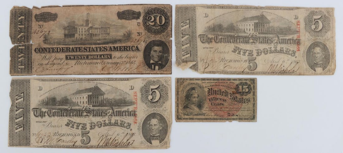 3 CONFEDERATE STATES BANKNOTE & 1 U.S. FRACTIONAL: Includes 2 counter stamp September 1863 1 VF the other has tear, The $20.00 has tear, and the fractional is AG.