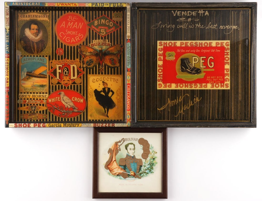 VENDETTA CIGAR SHOP LOT CIGAR TRAYS AND PRINT: Vintage Simon Bolivar Habana Cuban Wooden Cigar Box - Tobacciana framed. 7 X 7. 2 Annie Modica signed cigar trays "Living well is the best revenge."