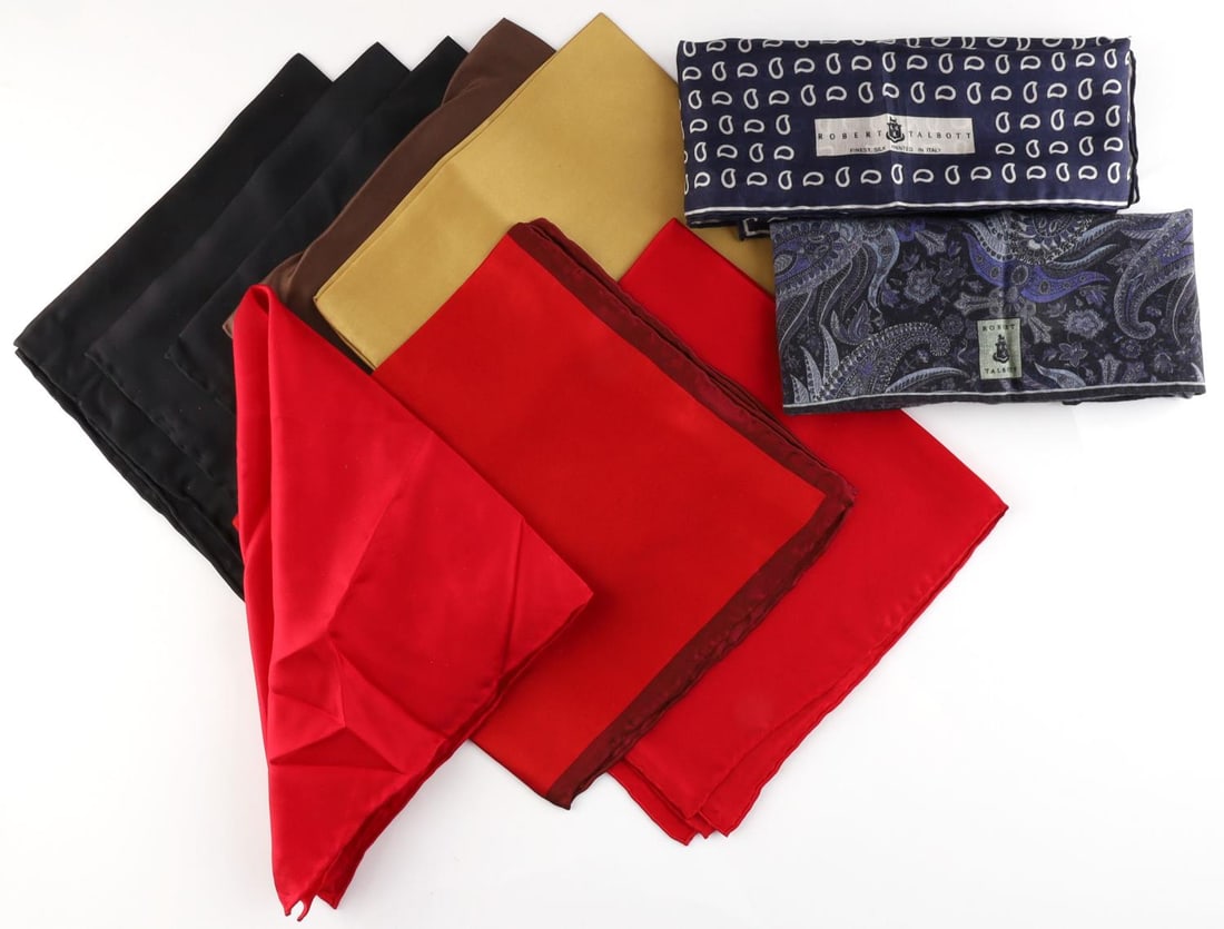 10 VENDETTA CIGAR SHOPPE SILK POCKET SQUARES LOT: Lot of 10 hand made silk pocket squares from Vendetta Cigar Shoppe. Sizes are between 13 X 13 to 26 X 26, various colors and patterns. All are hand made.