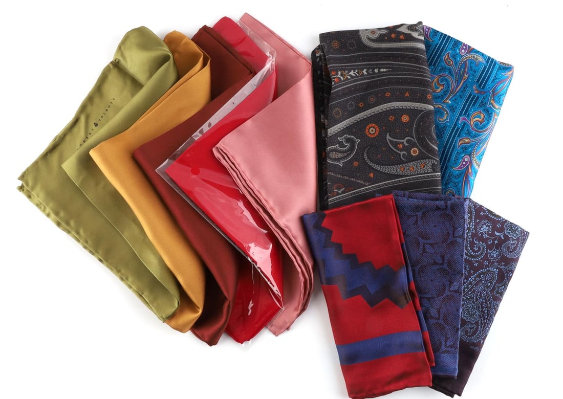 10 VENDETTA CIGAR SHOPPE SILK POCKET SQUARES LOT: Lot of 10 hand made silk pocket squares from Vendetta Cigar Shoppe. Sizes are between 13 x 13 to 26 x 26, various colors and patterns. All are hand made.