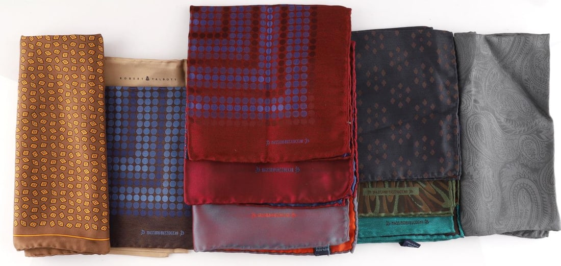 10 VENDETTA CIGAR SHOPPE SILK POCKET SQUARES LOT: Lot of 10 hand made silk pocket squares from Vendetta Cigar Shoppe. Sizes are between 13 x 13 to 26 x 26, various colors and patterns. All are hand made.