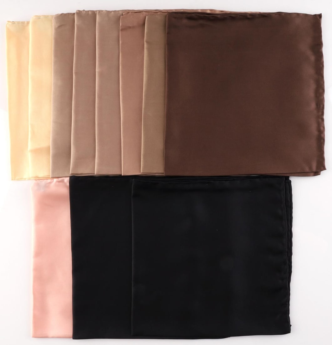 VENDETTA CIGAR SHOPPE LOT OF SILK POCKET SQUARES: Lot of 10 hand made silk pocket squares from Vendetta Cigar Shoppe. Sizes are between 13 x 13 to 26 x 26, various colors and patterns. All are hand made.