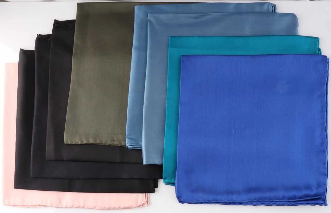 VENDETTA CIRGAR SHOPPE LOT OF SILK POCKET SQUARES: Lot of 9 hand made silk pocket squares from Vendetta Cigar Shoppe. Sizes are between 13 x 13 to 26 x 26, various colors and patterns. All are hand made.