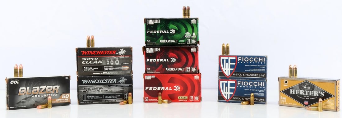 450 ROUNDS OF 9MM FMJ AMMO WINCHESTER FEDERAL MORE: In assorted boxes from different companies with different grain specifications.