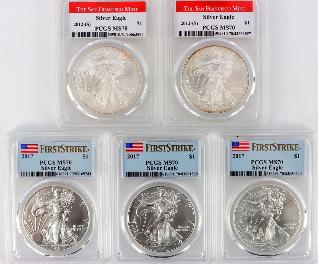 5 AMERICAN SILVER EAGLE GRADED 1 OZ MS70 COINS: Lot of 5 graded Silver Eagle silver dollar coins includes (3) 2017 First Strike PCGS MS70 and (2) 2012-S PCGS MS70. This lot has a reserve.