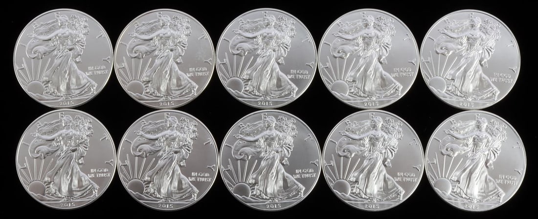 10 AMERICAN EAGLE 1 OZ SILVER DOLLAR COINS: 10 Troy ounces of silver 1 oz US silver dollar American Eagle coins