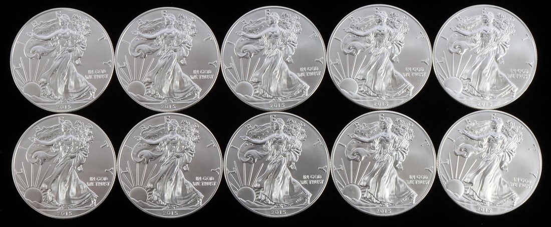 10 AMERICAN EAGLE 1 OZ SILVER DOLLAR COINS: 10 Troy ounces of silver 1 oz US silver dollar American Eagle coins