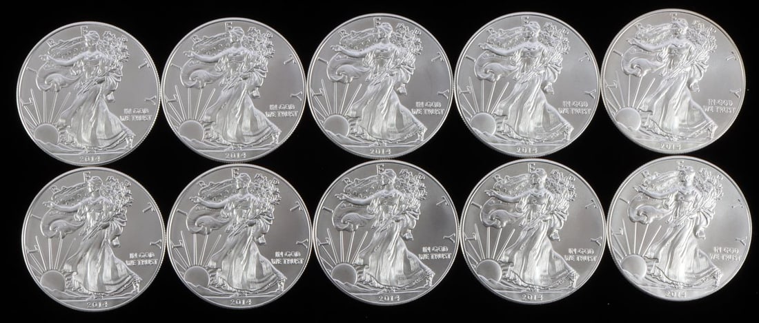 10 AMERICAN EAGLE 1 OZ SILVER DOLLAR COINS: 10 Troy ounces of silver 1 oz US silver dollar American Eagle coins