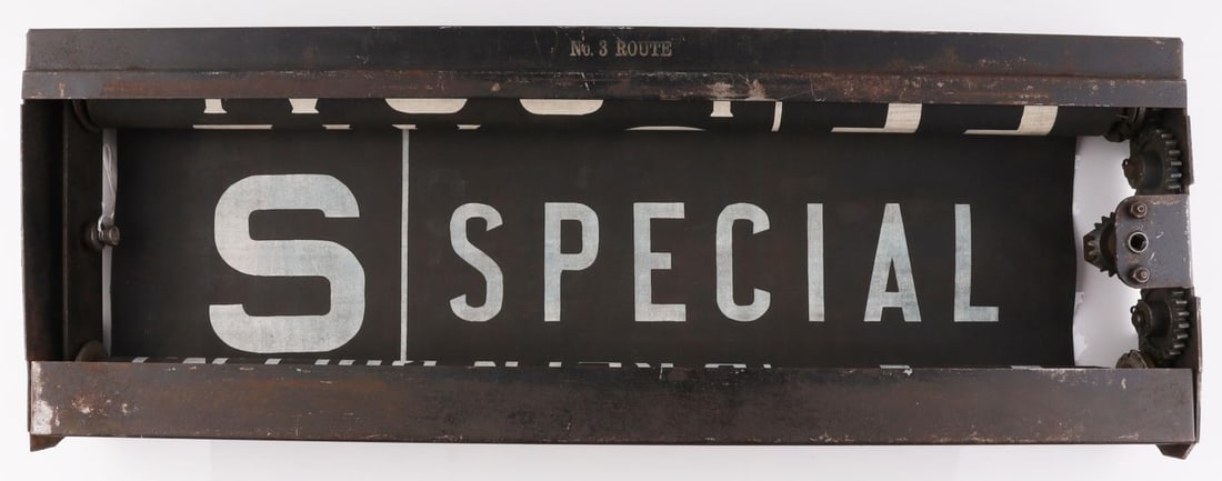 VINTAGE NEW YORK CITY TRANSIT BUS STOP SIGN: Brooklyn Queens and many other stops, in metal holder, 27 x 9 1/2 inches, very good original condition.