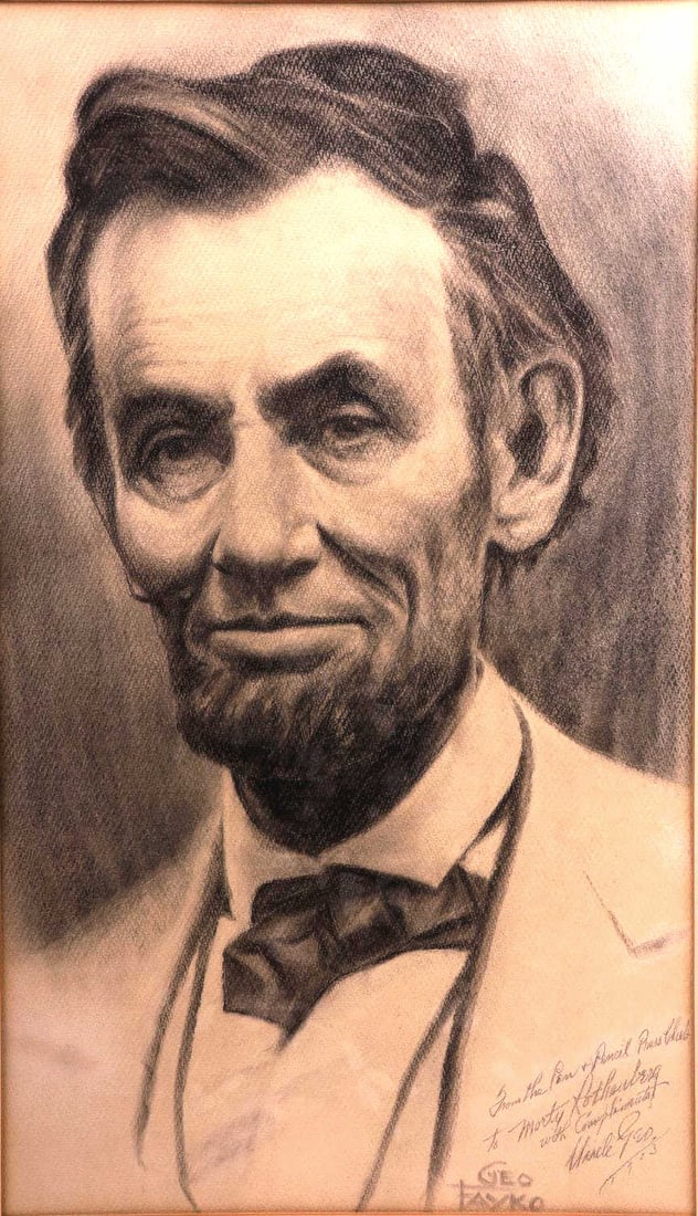 GEORGE P FAYKO CHARCOAL DRAWING ABRAHAM LINCOLN: George P. Fayko charcoal and graphite on heavy paper drawing of President Lincoln. Signed in lower right corner to "From the Pen and Pencil Press Club to Morty Rothensberg with complements, Uncle Geo 