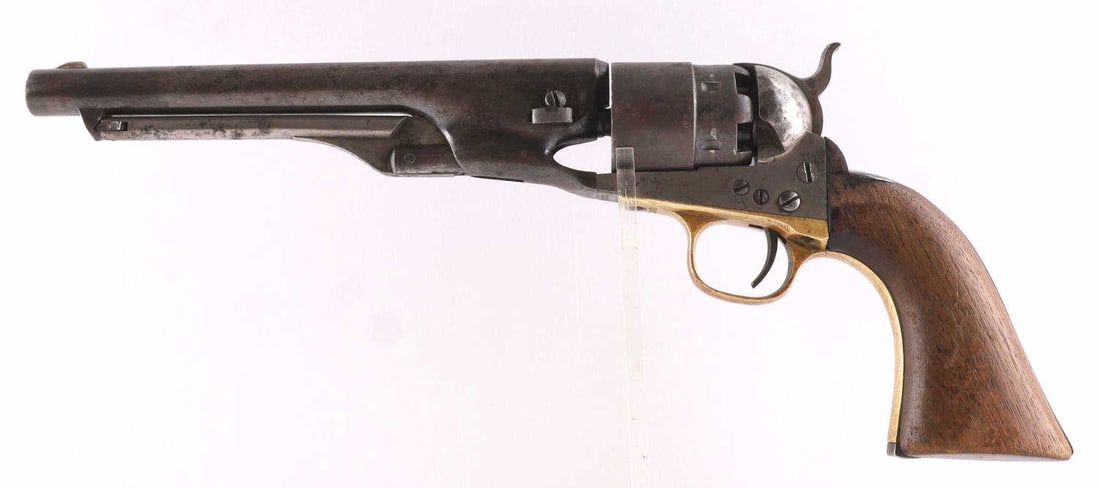 COLT ARMY MODEL 1860 PERCUSSION REVOLVER: Colt Model 1860 Army Single Action Revolver. Brass trigger guard, barrel and frame serial numbers are all different. 44 caliber, 8-inch barrel with fixed front sight. Barrel is clear and mostly bright