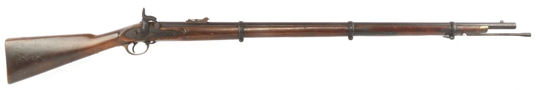 GERMAN 1853 ENFIELD PATTERN PERCUSSION MUSKET: Sideplate marked "SP. & SR." for Spanenberg & Sauer. Bore with finish loss, rifling still present. Barrel measures about 38 inches long. Adjustable sight appears to be from a Nepalese 1853 Enfield. Si