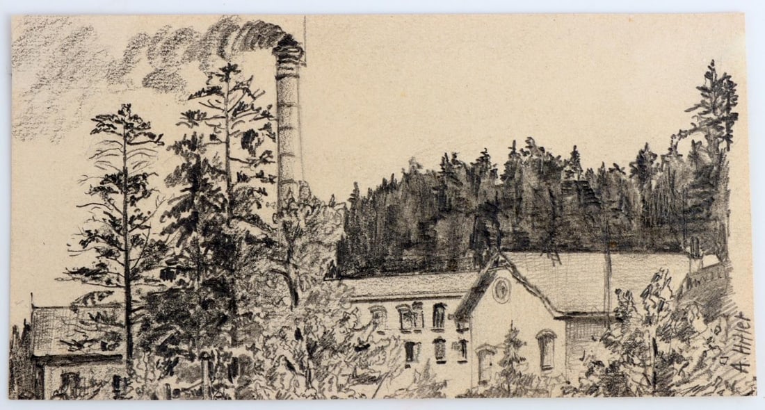 ADOLF HITLER VIENNA PERIOD POSTCARD DRAWING W COA: 5 1/4 x 2 3/4 inch (13.5 x 7 cm) Postcard style drawing of a factory. Signed by Adolf Hitler, dictator of Germany from 1933 to 1945. He produced hundreds of works and sold his paintings and postcards 
