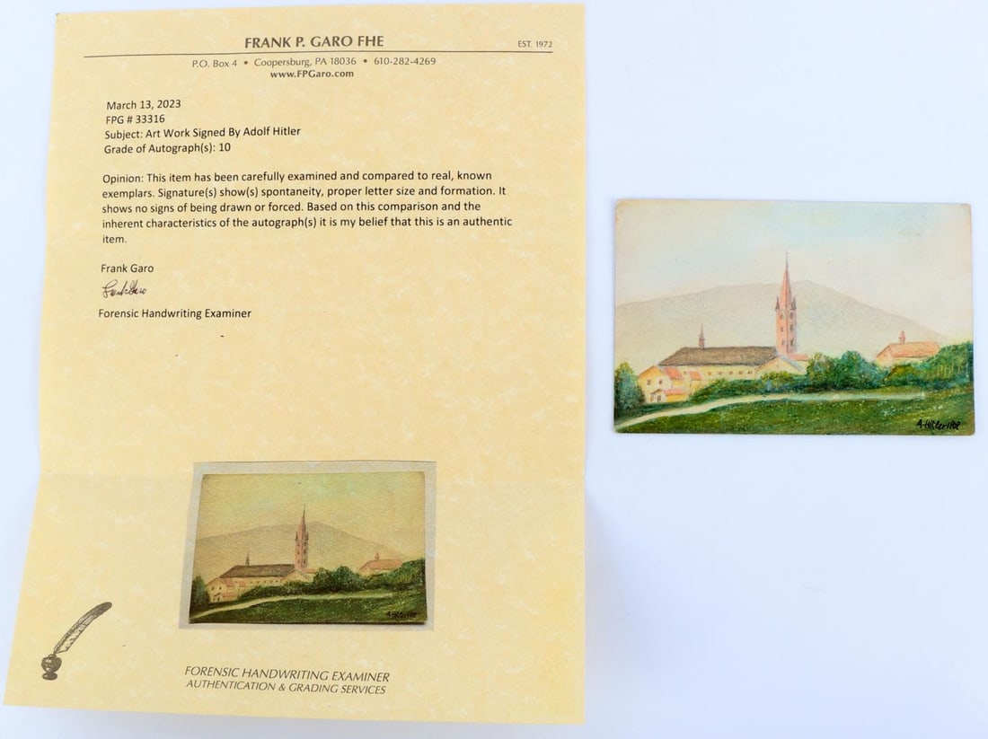 WWII ADOLF HITLER COLORED PENCIL SKETCH W COA: Colored pencil sketch signed A. Hitler 1909 Comes with Frank Garo coa. Measures 3 1/2 X 5 1/2 inches. Adolf Hitler, 1889 to 1945, Austrian-born German politician who was dictator of Germany from 1933 
