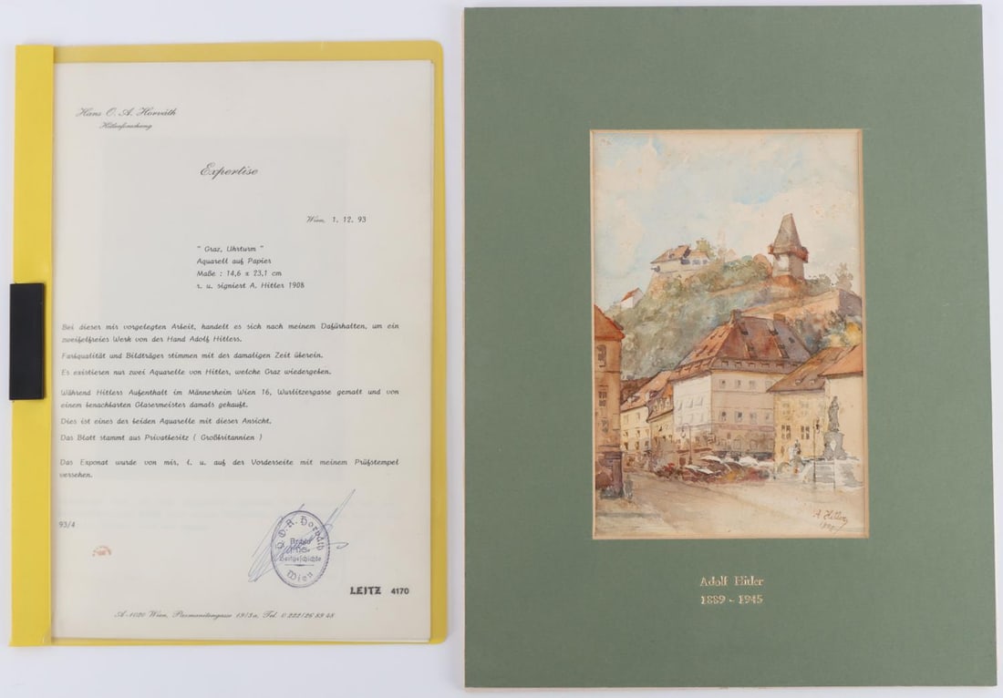 ADOLF HITLER GRAZ UHRTURM AQUARELLE PAINTING W COA: Adolf Hitler (1889-1945) German politician and leader of the Nazi Party. Title of painting is Graz Uhrturm (13th-century medieval clock tower in Schloßberg, Austria). Measures 23.1 X 14.6cm. Certific