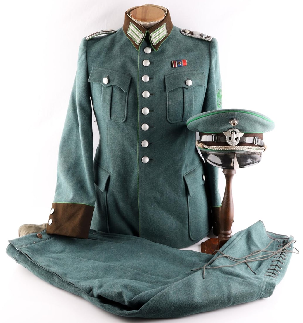 WWII GERMAN REICH GENERAL POLICE OFFICER UNIFORM: Breeches, tunic and visor, original grouping with detractions, Visor has split bill, light mothing visible upon close inspection only, named Wilh. Lier in crown, and maker marked, Tunic, officer Shoul