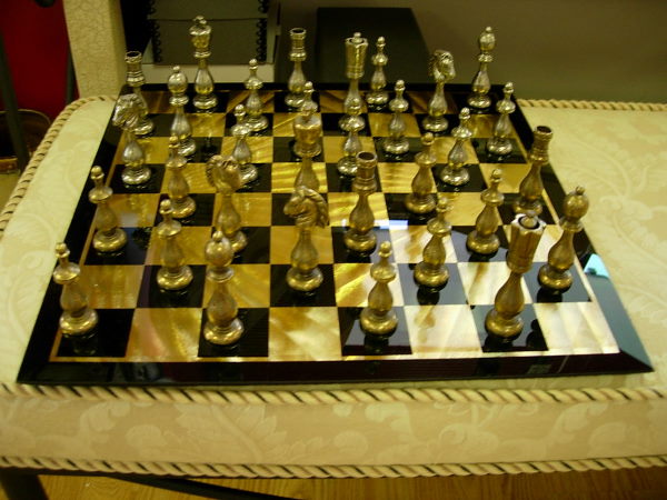 CHESS SET GLASS BLACK & GOLD CHESS BOARD W PEWTE: CHESS SET GLASS BLACK & GOLD CHESS BOARD W PEWTER & BRASS PIECES UNIQUE CHESS SET