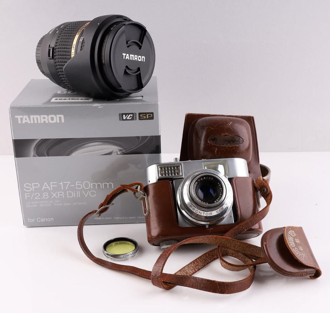 VOIGTLANDER CAMERA TAMRON SP AF 17-50MM LENS CANON: VITOMATIC I, very good original condition, the Tamron has box and is as new.